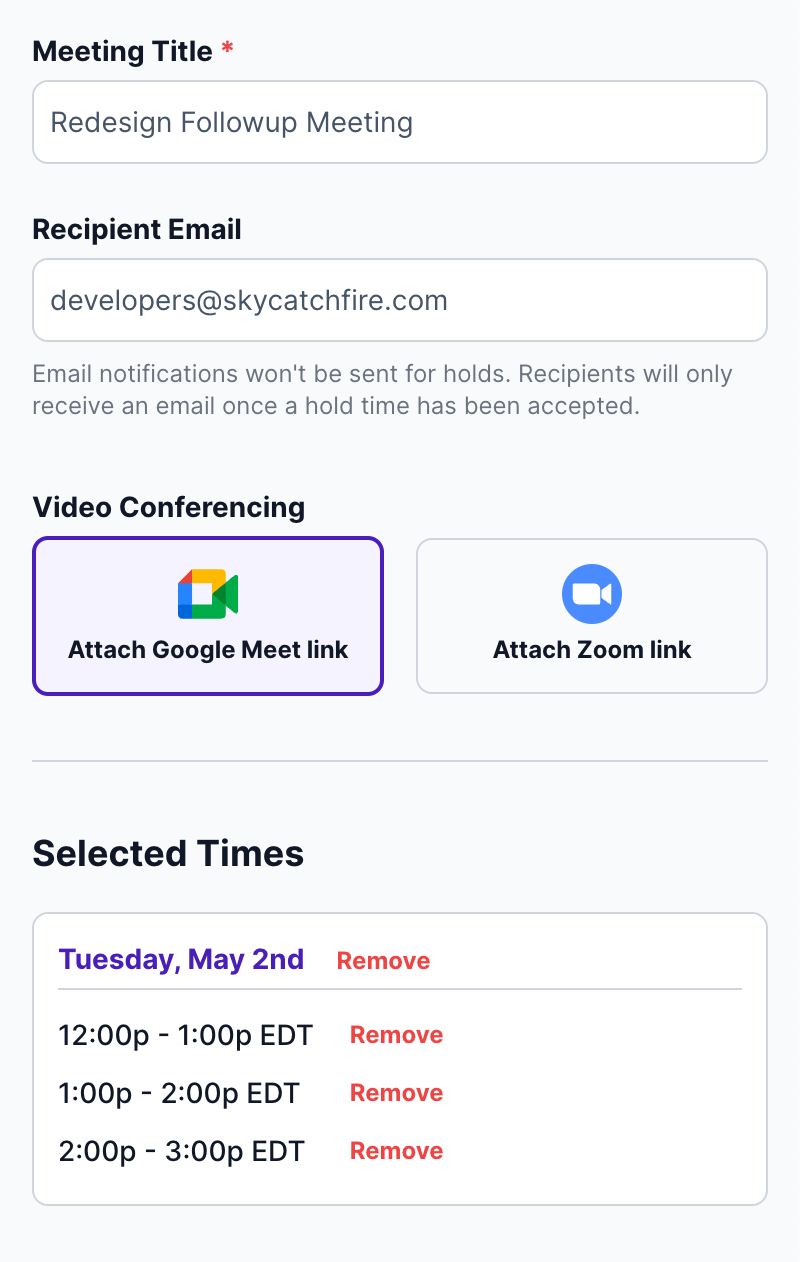 Screenshot showing the app allowing users to add a Google Meet or a Zoom link.